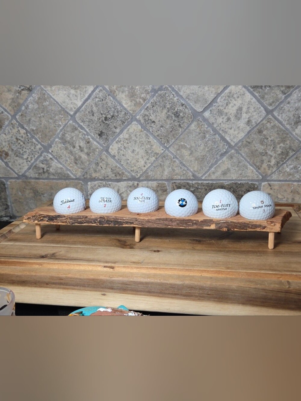 Golf Ball Enthusiest Wooden Display Stand With 6 Balls Abt 13" Long
